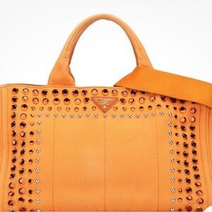 Prada Large Studded Canvas rare Orange Handbag with crossbody strap